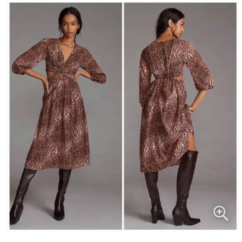 Anthropologie Ranna Gill Tan Black‎ Gold Leopard Print Midi Dress Size Small